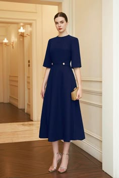 Blue A-line Midi Dress For Formal Occasions, Elegant Solid Color A-line Midi Dress, Elegant A-line Maxi Dress For Office, Chic Mid-length Tea Length Evening Dress, Elegant Blue Embroidered Midi Dress, Chic Solid Color Midi Dress, Office Midi Dress In Solid Color, Office Knee-length Midi Dress, Office Knee-length Solid Midi Dress