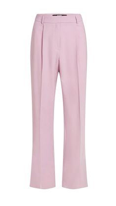 rose pink, crepe texture, embroidered logo to the rear, high waist, belt loops, concealed fly and button fastening, two side slash pockets, two rear jetted pockets, pressed crease, straight leg Tailored Pink Bottoms For Office, Pink Tailored Bottoms For Office, Pink Tapered Leg Office Pants, Pink Fitted Office Bottoms, Pink Tapered Leg Office Bottoms, Pink Ankle-length Office Pants, Tailored Pink Ankle Pants, Tailored Ankle-length Pink Pants, Pink Trousers With Belt Loops