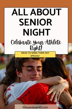 two people hugging each other in front of a sign that says, all about senior night celebrate