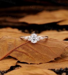 an engagement ring sitting on top of a leaf in the middle of some brown leaves