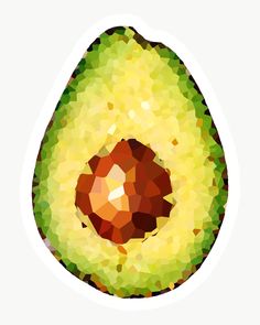 an avocado cut in half on a green background with geometric shapes around it