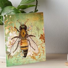 a painting of a bee on a green background art board print