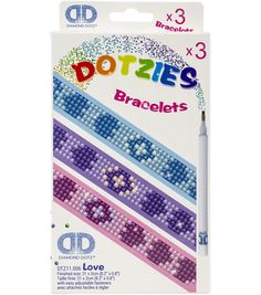 three different colored bracelets with hearts and stars on them, each in the same package