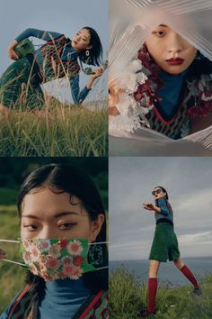 four different pictures of a woman wearing a face mask and posing in the grass with her hands on her hips