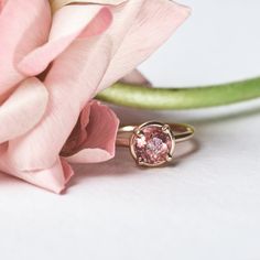 Floriane Pink Tourmaline Engagement Ring 14k Yellow Gold 1.3ct Round Pink Tourmaline Custom Cut by local lapidary artist Halo Basket Setting 1.5mm Round Smooth Band Size 7 Complimentary Sizing allow 2 weeks Pink Tourmaline Engagement Ring, Pink Engagement Ring, Tourmaline Engagement Ring, Basket Setting, Pink Tourmaline Ring, Pink Morganite, Tourmaline Ring, Pink Gemstones, Perfect Engagement Ring