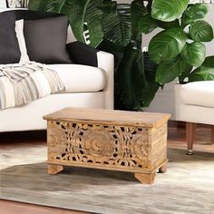 a wooden box sitting on top of a rug in front of a couch and potted plant