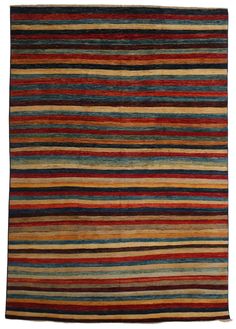 a multicolored striped rug on white background