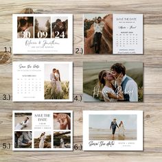 the wedding calendar is displayed on a wooden table with two photos and one date card