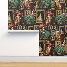 an image of a wallpaper with paintings on it and a wooden floor in front of it