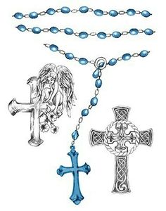 a rosary with an angel on it and two other crosses hanging from the cross,