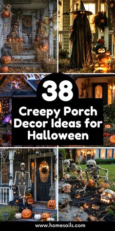 halloween porch decor with pumpkins and skeletons