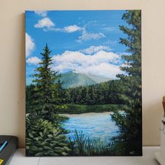 Acrylic painting of Bear Lake, CO Acrylic Painting Ideas Mountains, Acrylic Paint Mountains, Realistic Acrylic Painting Landscape, Colorado Painting Ideas, Ocean And Mountain Painting, Long Canvas Painting, Acrylic Painting Ideas Landscape, Colorado Landscape Paintings, Easy Mountain Painting