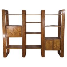 a wooden bookcase with two open shelves