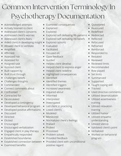 Feeling stuck during psychotherapy sessions? Here is a list of some common words clinicians use in psychotherapy sessions and documentation. This is a reference guide of over eighty common terminology Therapist can utilized to support documentation and build clinical vocbulary. Social Work Interventions, Counselling Tools, Counseling Techniques, Clinical Social Work, Mental Health Activities, Counseling Psychology, Mental Health Therapy, School Social Work, Mental Health Counseling