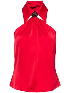 red satin finish oversized pointed collar open back satin finish crystal embellishment cut-out detailing rear button fastening curved hem Luxury Sleeveless Tops For Evening, Glamorous Satin Top For Night Out, Glamorous Satin Party Top, Glamorous Satin Halter Neck Top, Glamorous Halter Neck Top For Evening, Elegant Halter Neck Top For Evening, Luxury Tops For Summer Night Out, Sleeveless Embellished Top For Evening, Embellished Sleeveless Top For Evening