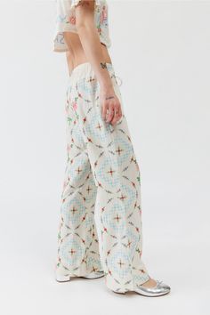 UO Amelie Embroidered Linen Pant | Urban Outfitters Casual Wide-leg Pants With Floral Embroidery, Casual Pants With Floral Embroidery, Casual Straight Pants With Floral Embroidery, Casual Floral Embroidered Trousers, Casual Floral Embroidered Pants For Spring, White Casual Pants With Floral Embroidery, Casual White Pants With Floral Embroidery, Casual Floral Embroidery Straight Pants, Summer Pants With Floral Embroidery And Relaxed Fit