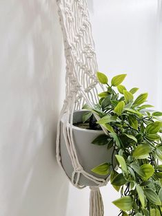 a white macrame plant hanger holding a potted plant on a wall