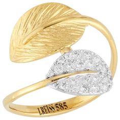 14 Karat Yellow Gold Polish and Texture-Finished 2-Leaf Wrap-Around Ring, Accented with 0.35 Carats of a Pave Set Diamond Leaf. Gold Polish, Wrap Around, Jewelry Art, Diamond Jewelry, Jewelry Rings, Gems, Yellow Gold, Engagement Rings, Texture