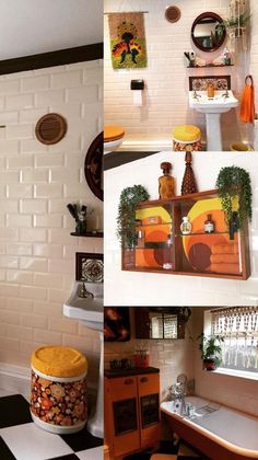 three pictures of the inside of a house with different decors and decorations on the walls