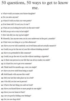 an image of a question sheet with the words'50 questions, so ways to get to know me? '