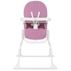 the high chair is pink and white with two handles on each side, it's attached