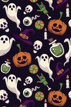 halloween seamless wallpaper with pumpkins, ghost heads and other items on black background