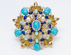 La Triomphe Pendant Brooch Vintage La Triomphe large 18K yellow gold turquoise diamond lapis and enamel pendant brooch. Luxury Turquoise Brooches, Luxury Blue Brooch Jewelry, Turquoise Brooch For Formal Occasions, Luxury Blue Jewelry Brooch, Vintage Jewlery, Egyptian Revival, Gold Necklace Set, Gold Brooches, Antique Diamond