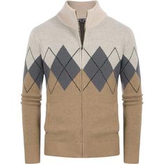 - 98% Polyester, 2% Viscose - Imported - Zipper Closure - Dry Clean Only - Features: Vintage Argyle, Long Sleeves, Turtleneck, Full-Zip Placket, Contrast Color Design, Lightweight Fabric, Well Elastic. - Design: Argyle's Contrast Color Retro Style Design, Is A Modern Reinterpretation Of The Classic Retro 50s And 60s Knitted Sweater. - Occasion: This Retro Argyle Cardigan Sweater Gives You The Vibe Of A Retro And Casual Look; It Is Great For Casual Wear, School, Party, Golf, Holiday, Travel, Dati Fitted Beige Cardigan For Cold Weather, Casual Long Sleeve Argyle Outerwear, Beige Fitted Winter Cardigan, Winter Cotton Argyle Sweater, Winter Argyle Pattern Tops, Beige Cotton Cardigan For Winter, Winter Beige Cotton Cardigan, Winter Argyle Knit Sweater, Brown Long Sleeve Argyle Sweater