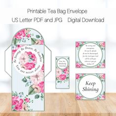 the printable tea bag envelope has pink flowers on it and is also available for shipping