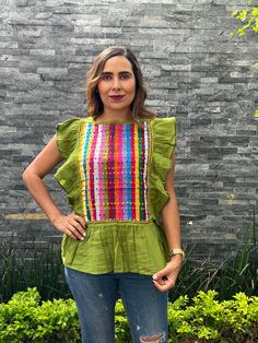 This feminine vintage style shirt is beautifully made. Colorful flowers, it is a unique one of a kind. Since it is hand embroidered, each flower is slightly different. It is made of cotton and it extremely comfortable. Beautiful Blouse, made with 100% cotton blanket, dyed in bright colors. The ruffles that distinguish this blouse are made by hand, by artisans from Chiapas. Beautiful blouse, you can use it with jeans, leggings, skirts, it is a very elegant blouse and has a beautiful and fine embr Green Floral Embroidered Crew Neck Blouse, Green Embroidered Crew Neck Blouse, Green Crew Neck Blouse With Floral Embroidery, Casual Green Blouse With Floral Embroidery, Embroidered Summer Festive Shirt, Summer Festive Embroidered Shirt, Green Embroidered Cotton Shirt, Embroidered Green Cotton Shirt, Spring Embroidered Green Shirt