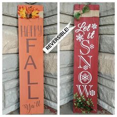 two wooden signs that say happy fall and let it snow