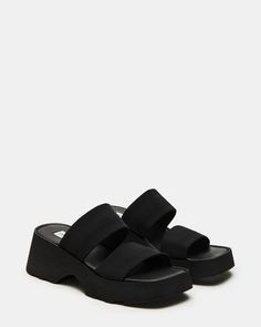 SOLARA Black Platform Slide Sandal | Women's Sandals – Steve Madden Synthetic Double Strap Wedge Sandals, Synthetic Double Strap Platform Slides, Summer Double Strap Synthetic Slides, Synthetic Double Strap Wedge Sandals With Heel Loop, Trendy Double Strap Synthetic Slides, Trendy Synthetic Double Strap Slides, Synthetic Slides With Heel Loop, Modern Slides With Heel Loop, Trendy Double Strap Slides With Cushioned Footbed