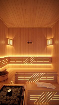 the inside of a sauna is lit up with lights