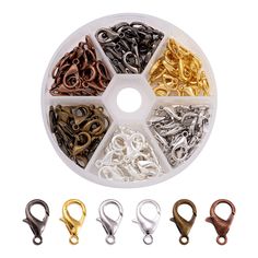 PRICES MAY VARY. Size: about 8mm wide, 14mm long, hole: 1.2mm.(1 inch = 25.4mm or 1mm = 0.0393 inch) QTY: Silver, antique bronze, gunmetal, Platinum, red copper & golden. 20pcs/color, 120pcs in total Opens and closes easily and smoothly, and strong alloy material creats a sparkling ending for your long wear Lobster claws clasps are a popular finishing touch to keep designs secure Best uses for repairing or making necklaces, bracelets and other DIY handmade craft jewelry Jewelry Making Kits, Jewelry Diy Bracelets, Plastic Organizer, Crimp Beads, Jewelry Clasps, Plastic Box Storage, Accessories Diy Jewelry, Diy Schmuck, Bead Caps