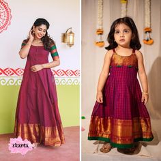 Celebrate togetherness with this elegant matching magenta pattu pavadai set for mom and daughter. These traditional South Indian festive dresses are crafted from premium pure narayanpet cotton and features intricate gold borders, perfect for special occasions like weddings, festivals, and family events. The mother's outfit includes a graceful gown with a flared hem and a detailed border, while the child's pavadai set features a sleeveless strap design for added comfort. This matching set is perfect for creating beautiful memories and stunning family photos during festive celebrations. Available in custom sizes for both adults and kids. Product Details: Material: Premium pure narayanpet cotton Colors: Magenta with gold borders and green accents Inclusions: Mother's gown and daughter's pavad Frock Models, Mothers Gowns, Kids Dress Boys, Pattu Pavadai, Mom And Daughter Matching, Gown For Women, Mom And Daughter, Dress Gown, Family Events