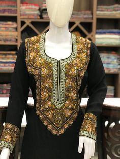 A stunningly fabulous outfit featuring Kashmiri Sozni and Tilla fusion embroidery. - - - - - - - - - - - - - - - - - - - - Product Details- Condition: Brand New- Style: Salwar Suit- Embroidery: Kashmiri Sozni & Tilla Work- Colour: Black or Maroon- Embroidery Colour: Multi-ColourF A B R I CShirt: Pure Monga SilkDupatta: Pure Monga SilkLower: Pure Monga SilkF I N I S HUnstitched/Semi-StitchedYou can get it stitched locally.47+ inches of Shirt Length and up to full sleeves length.StitchedWant s Semi-stitched Lawn Suit With Intricate Embroidery, Fitted Multicolor Embroidered Sets, Anarkali Fitted Set With Multicolor Embroidery, Designer Long Sleeve Anarkali Set With Multicolor Embroidery, Designer Long Sleeve Multicolor Embroidered Anarkali Set, Georgette Kurta With Intricate Embroidery For Traditional Ceremonies, Elegant Anarkali Set With Intricate Multicolor Embroidery, Fitted Chinon Traditional Wear With Long Sleeves, Designer Embroidered Fitted Salwar Kameez