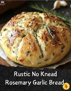 rustic no knead rosemary garlic bread with text overlay reading rustic no knead rosemary garlic bread