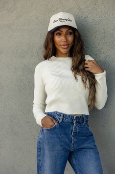 This waffle weave sweater features a cropped hemline and soft and stretchy fabric. We love it paired with jeans, but you can mix it up and get creative with this simple sweater! waffle weave soft and stretchy cropped // paired with the free people deep trance dropped boyfriend jeans + the slow morning club canvas trucker hat Athleisure Mom, Slow Morning, Simple Sweater, Mom Accessories, Simple Sweaters, Woven Sweater, Nursing Friendly, Capri Blue, Waffle Weave