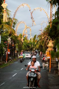 a man riding on the back of a motorcycle down a street next to tall palm trees