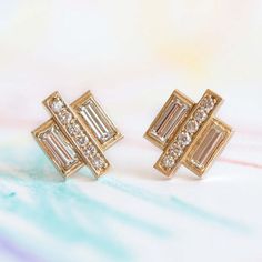 Baguette Diamond Earrings, Modern Geometric Art, Eco Jewelry, Bezel Earrings, Geometric Vintage