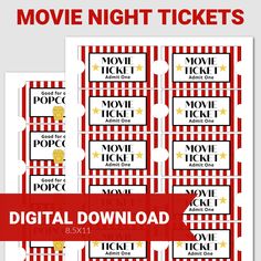 movie ticket templates with the text'movie night tickets'in red and white