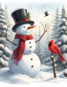 a painting of a snowman and a cardinal