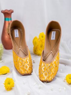 Banarasi - Yellow & Gold Silk Juttis By Label Dipti Bajaj now available at Trendroots Mild Cleanser, Gold Silk, Fabric Silk, Silk Thread, Best Deal, Hand Embroidery, Sequin, Dust Bag, Thread