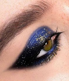 Blue And Gold Wedding Makeup, Night Themed Makeup, Makeup To Match Navy Blue Dress, Blue Dramatic Eye Makeup, Blue And Gold Prom Makeup, Blue Fire Makeup, Dark Blue Smokey Eye Makeup, Night Sky Makeup Look, Deep Blue Makeup