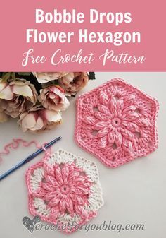 two crocheted hexagons with the text bubble drops flower hexagon free crochet pattern