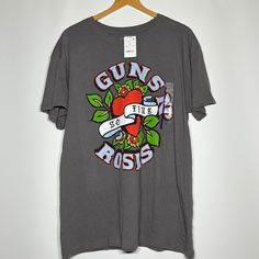 Nwt Woman’s Guns And Roses T-Shirt Casual Rose Print Crew Neck T-shirt, Short Sleeve Rose Print Graphic Tee Tops, Cotton Graphic Tee With Rose Print, Casual Cotton T-shirt With Rose Print, Colorful Shirts, Roses, Womens Tops, Tops & Tees, Grey