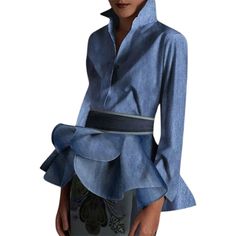 Yeezzi-2024-Latest-Fashion-Buttoned-Ruffled-Lapel-Blouses-with-Belted-Women-Spring-Autumn-Long-Sleeves-Casual-1 Blouse With Belt, Office Shirts, Strapless Evening Dress, Colorful Crop Tops, The Office Shirts, Spring Fashion Outfits, Khaki Dress, Casual Office, Women Maxi