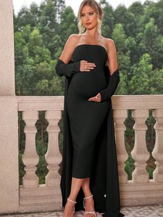 2pcs/Set Maternity Simple Solid Color Bodycon Tube Dress And Long Sleeve Long Coat Black Casual    Plain  Medium Stretch  Maternity Clothing, size features are:Bust: ,Length: ,Sleeve Length: Maternity Evening Gowns, Black Maternity Dress, Maternity Nightgown, Maternity Black Dress, Casual Maternity, Grey Colour Suit, Tube Top Dress, Long Sleeve Jacket, Maternity Clothing