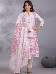 Women Floral Printed Regular Aari Work Pure Cotton Kurta with Palazzos & With Dupatta PRODUCT DETAILS  White printed Kurta with Palazzos with dupatta Kurta design: Floral printed Straight shape Regular style Mandarin collar, three-quarter regular sleeves Na pockets aari work detail Calf length length with straight hem Pure cotton machine weave fabric Palazzos design: Solid Palazzos Partially elasticated waistband Slip-on closure Size & Fit The model (height 5'8) is wearing a size S Material & Ca Three Quarter Sleeve Tops, Kurta Design, Weave Fabric, Cotton Kurta, Aari Work, Kurta Designs, Design Floral, Top Pattern, Mandarin Collar