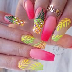 Acrylic Nails Fruit Design, Spring Nails Rhinestones, Pineapple Nails Acrylic, Cool Summer Nails Designs, Pineapple Nail Designs, Fun Nail Art Ideas, Fun Spring Nails Acrylic, Nails For Vacation Beach Tropical, Pineapple Nails Design